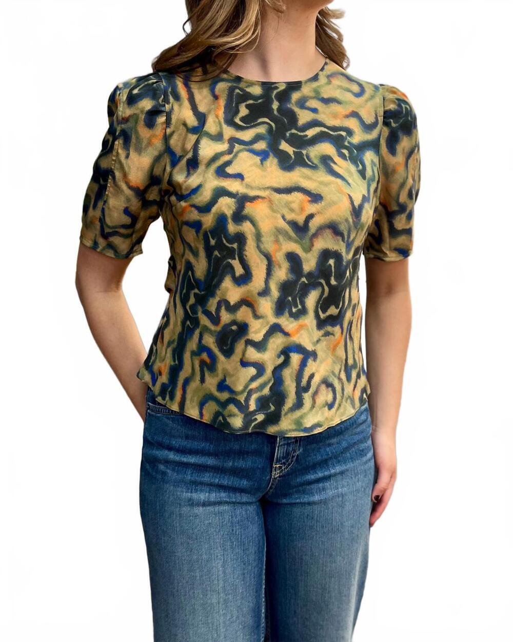 NEW ULLA JOHNSON corine short sleeve silk top in geode